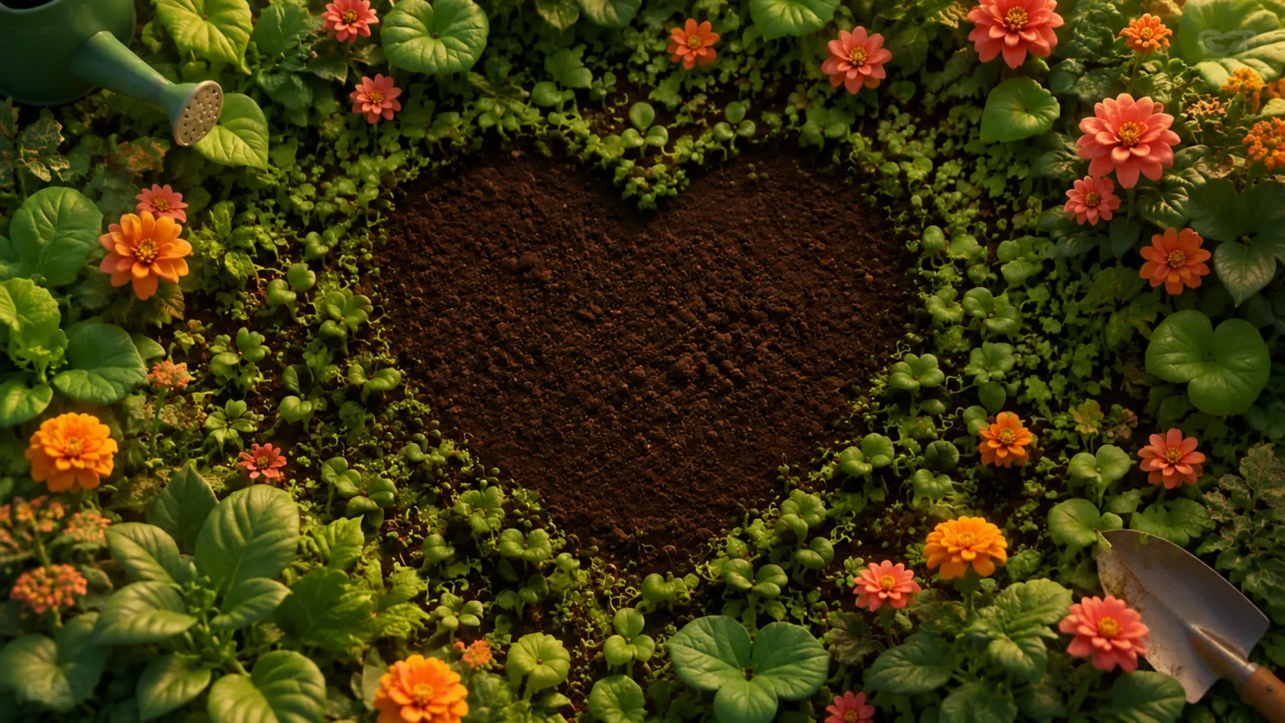 A heart of garden soil ringed with flowers