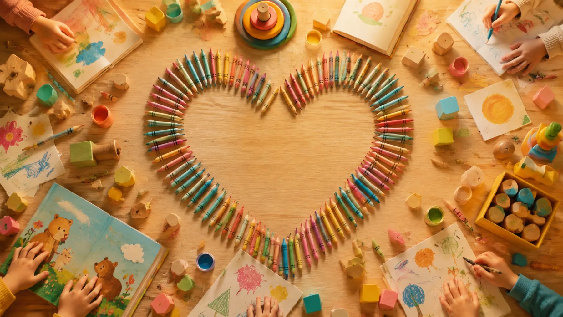 A heart outlined in crayons on a craft table