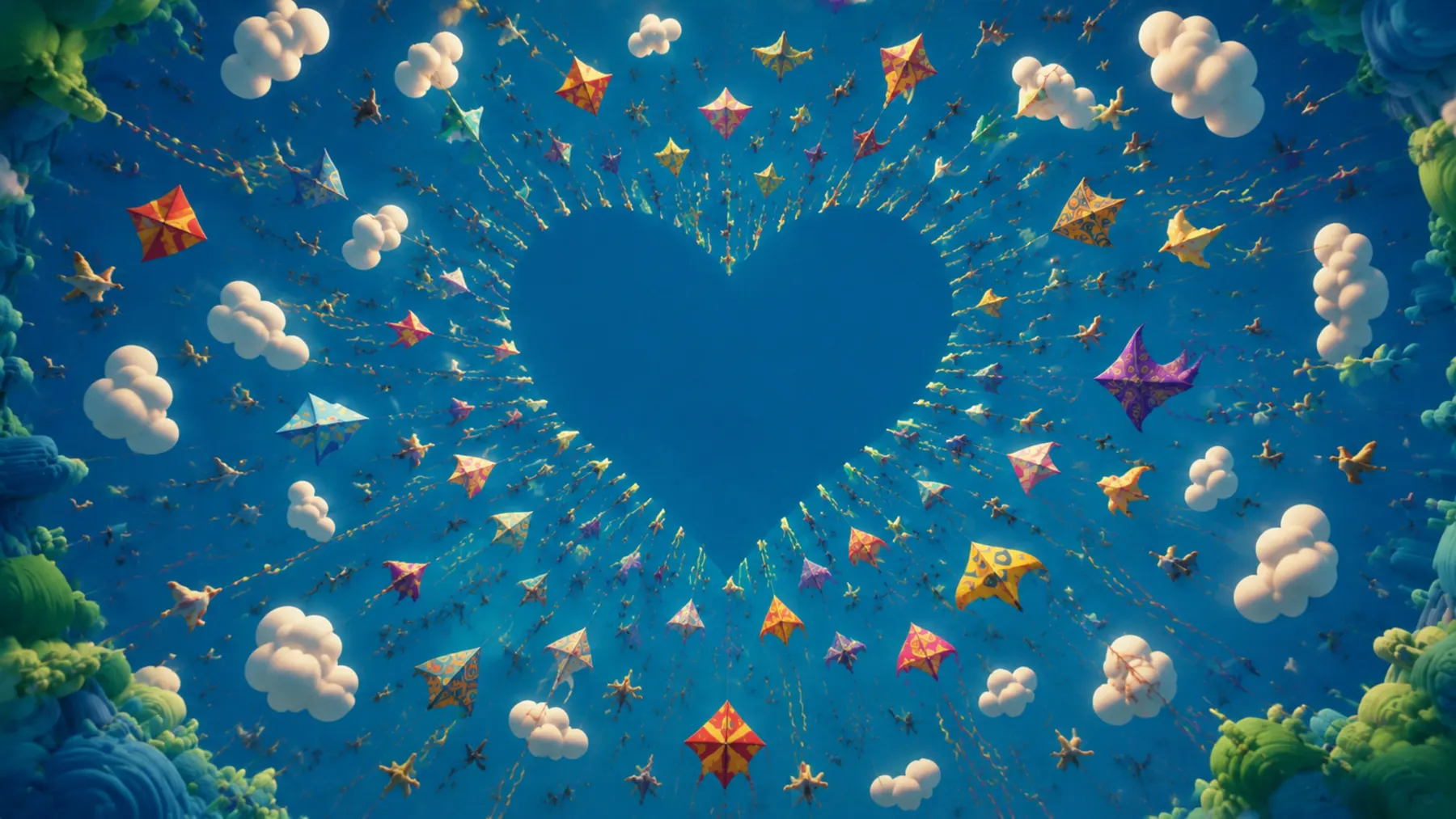 A heart-shaped clearing in a sky full of kites