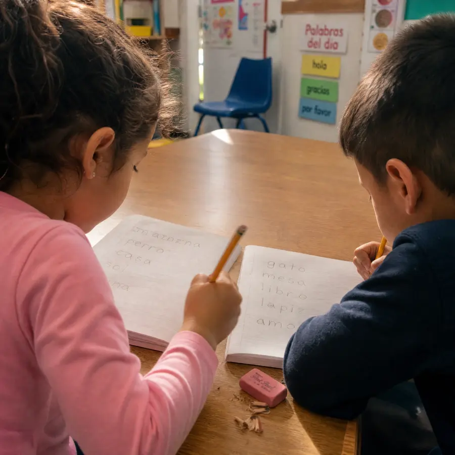 Kids practicing Spanish words together at a classroom table