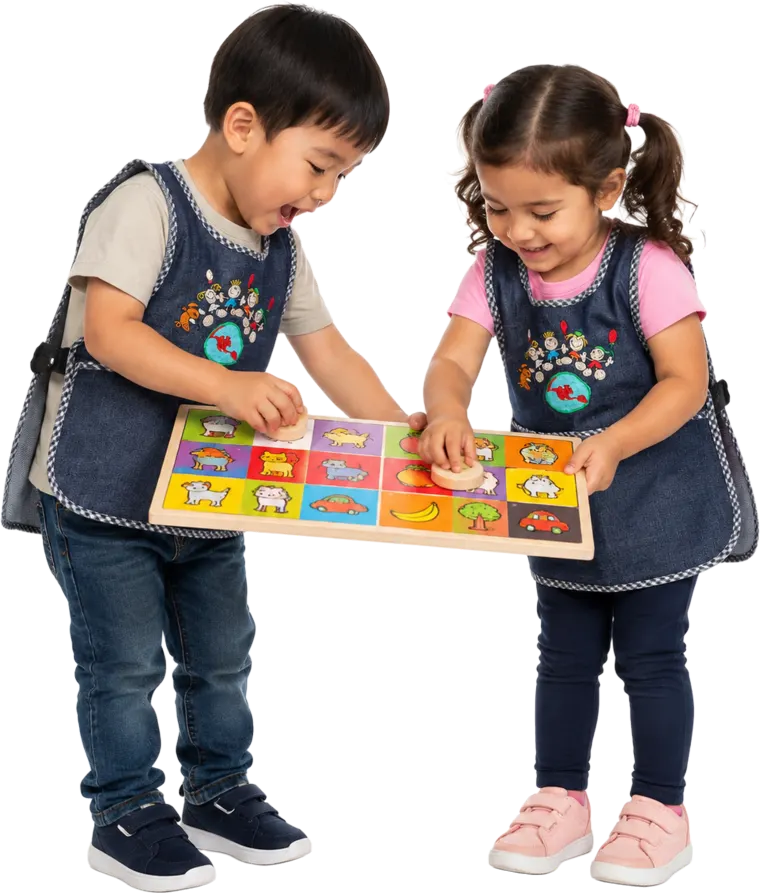 Two children playing a word-building board game