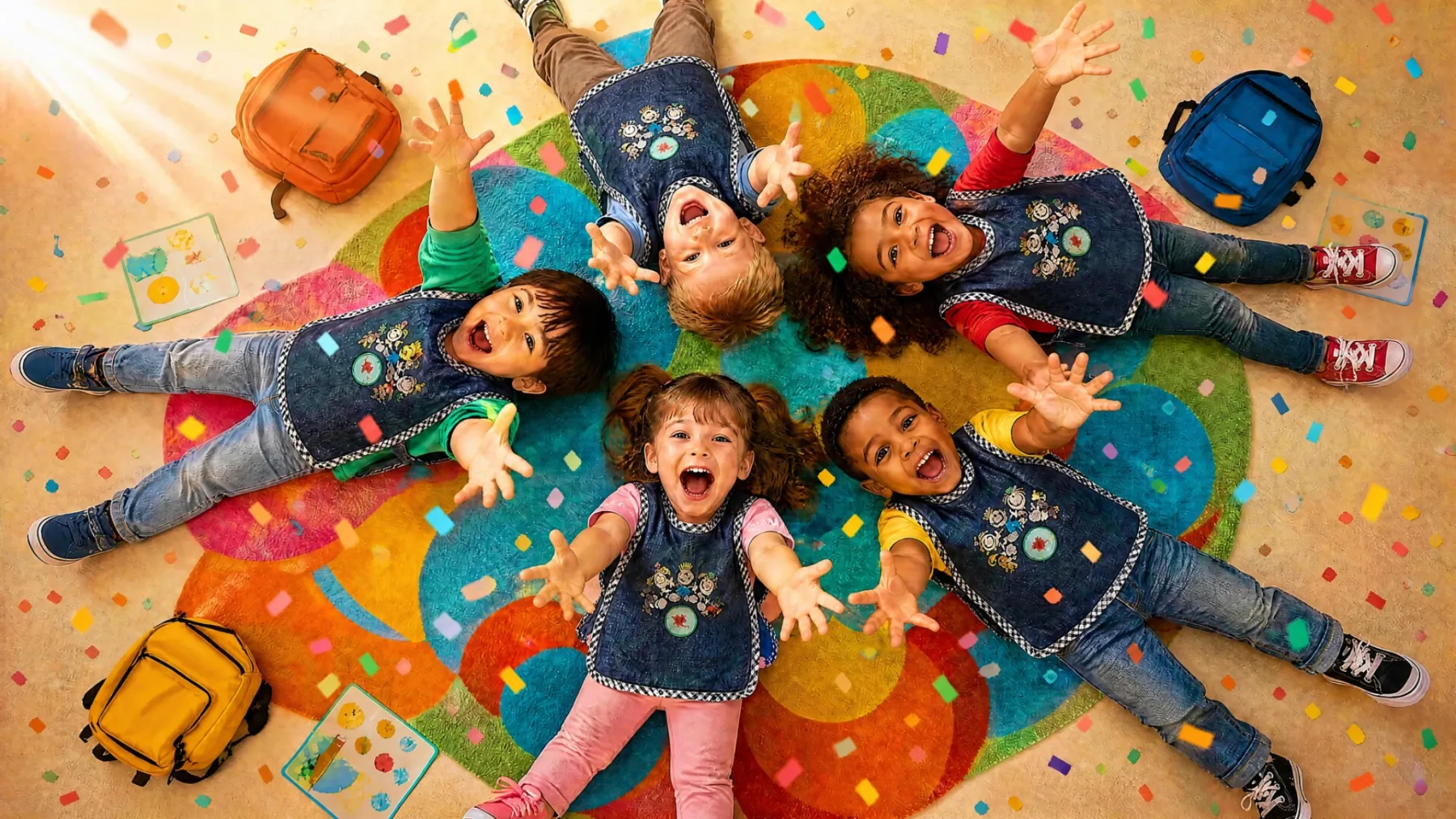 Children lying in a circle on a bright classroom rug, reaching up and laughing