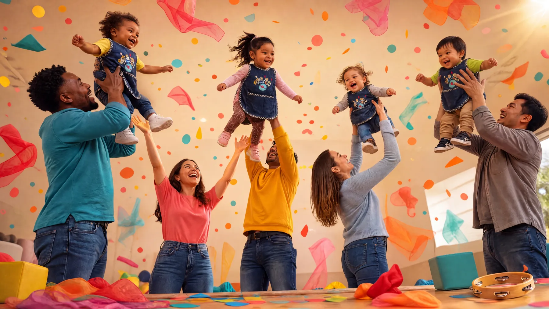 Parents lifting their toddlers into the air together in a bright, colorful classroom