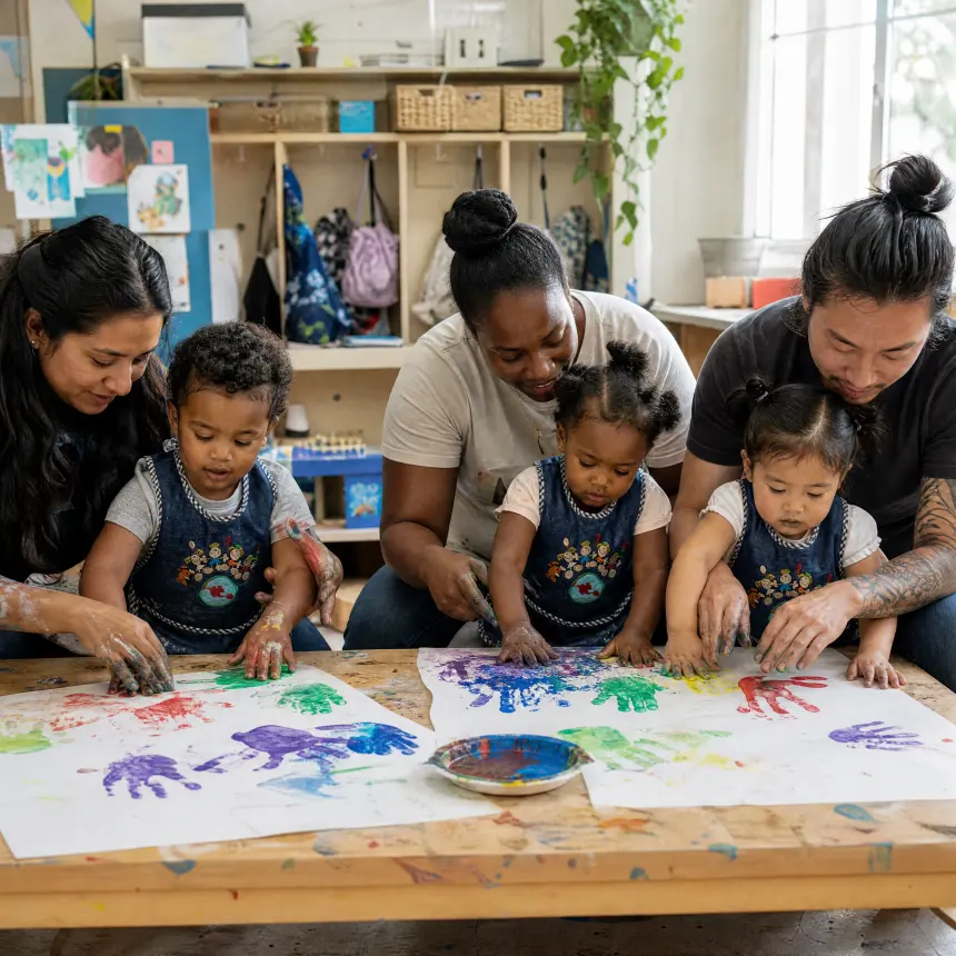 Toddlers making handprints in paint on a long sheet of paper with their parents