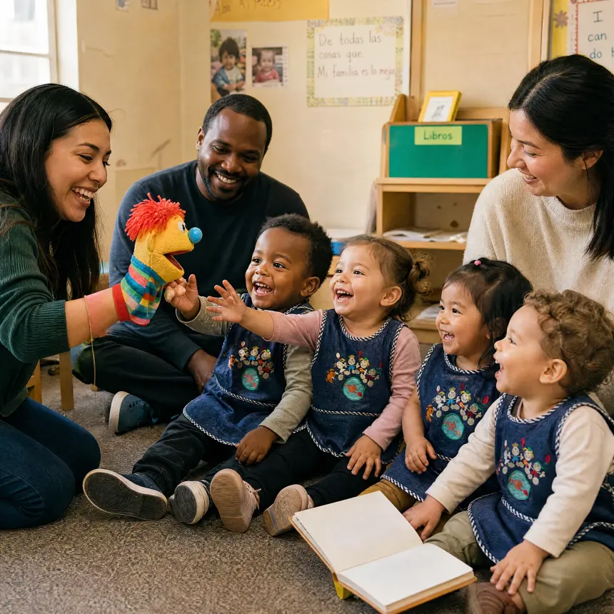 A teacher using a puppet to tell a story to delighted toddlers
