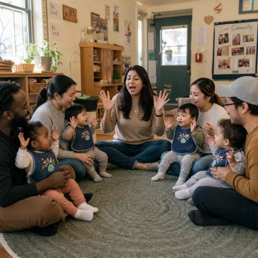 Parents and toddlers sitting in a circle singing together
