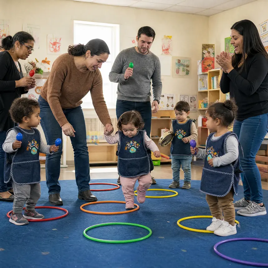 Toddlers stepping through coloured hoops while grown-ups shake maracas