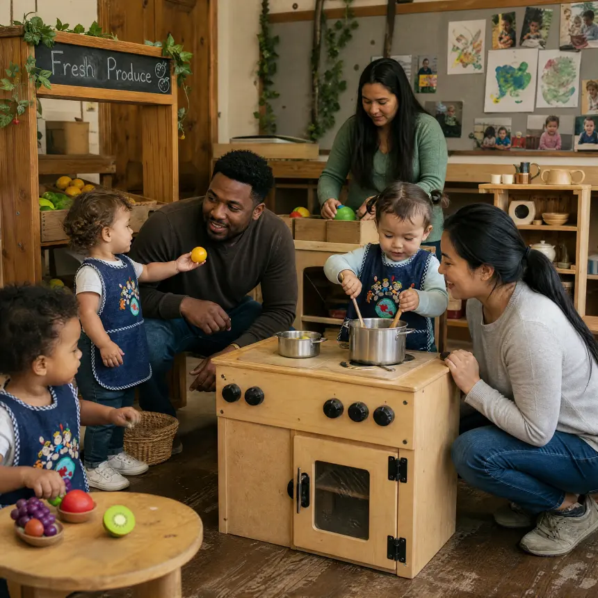 Toddlers and grown-ups cooking together at a wooden play kitchen