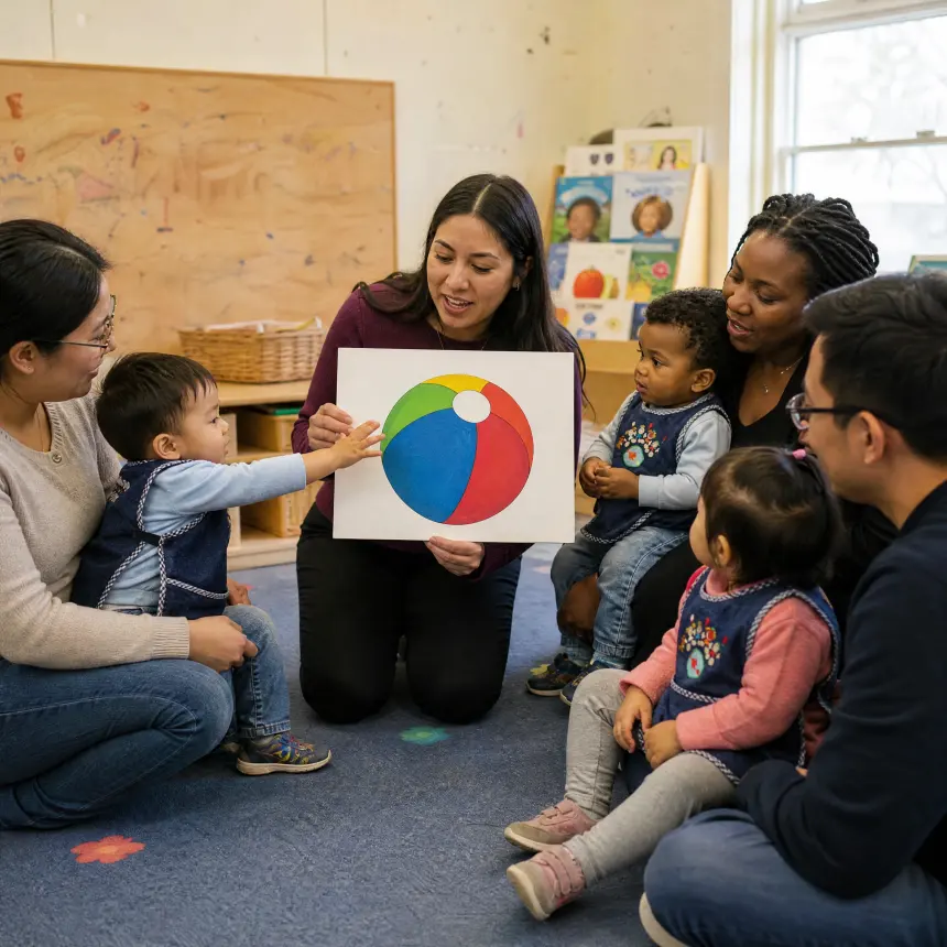 A teacher holding up a picture card of a beach ball for the toddlers