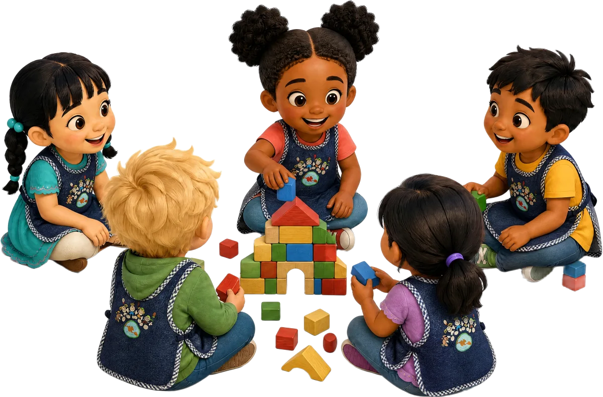 Children sitting in a circle building with wooden blocks