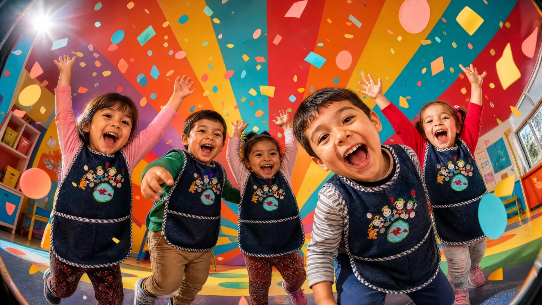 Preschool children cheering with their arms raised, confetti in the air