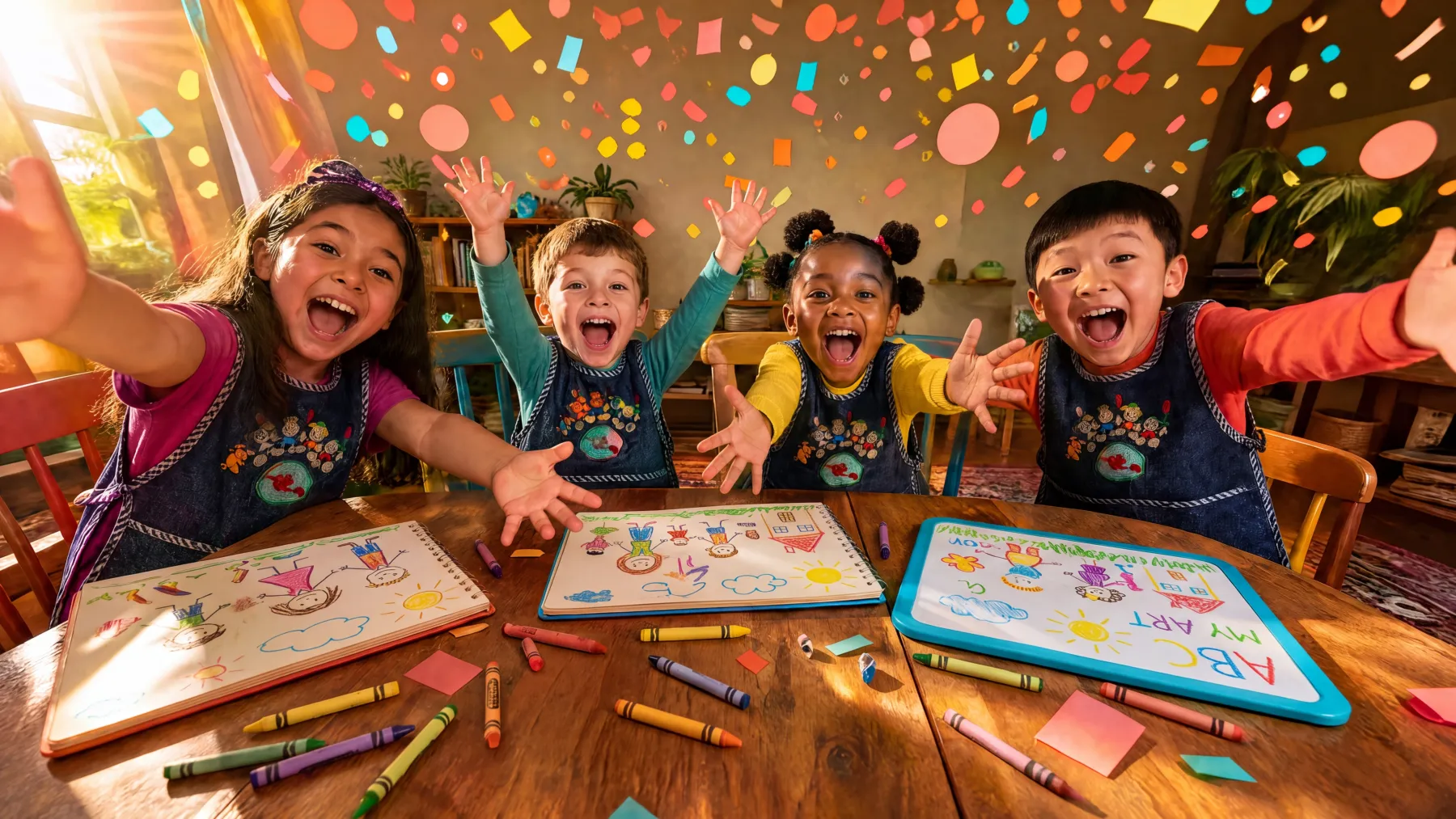 Children drawing together around a table at home, reaching up and laughing