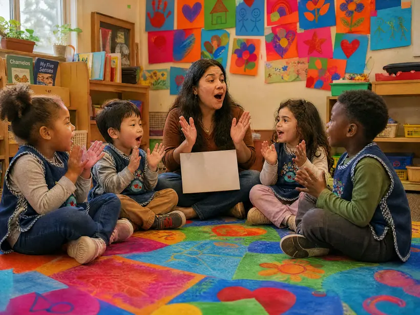 Children sitting in a circle with their teacher at the start of the morning