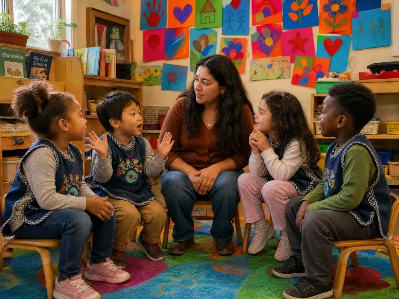 Children talking together with their teacher on the classroom rug