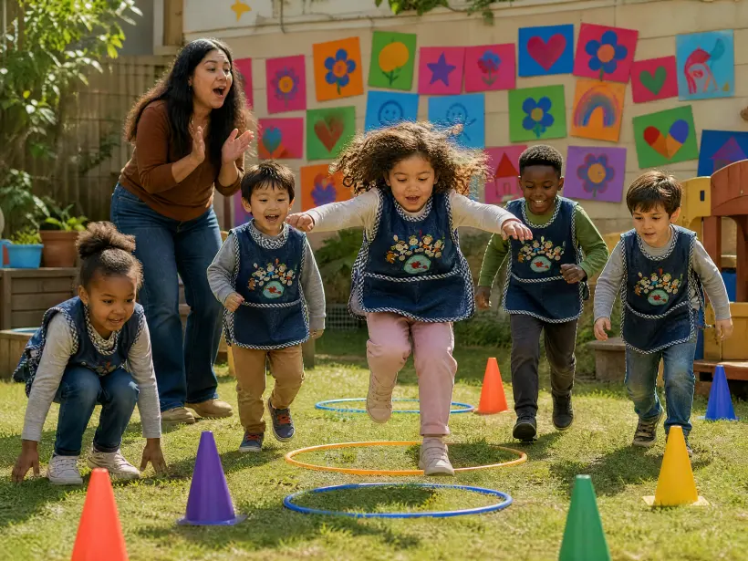 Children running through hoops and cones on the grass outside