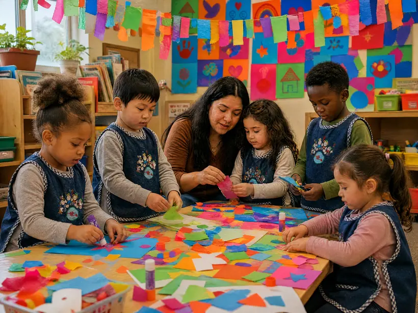 Children cutting and gluing coloured paper around a craft table