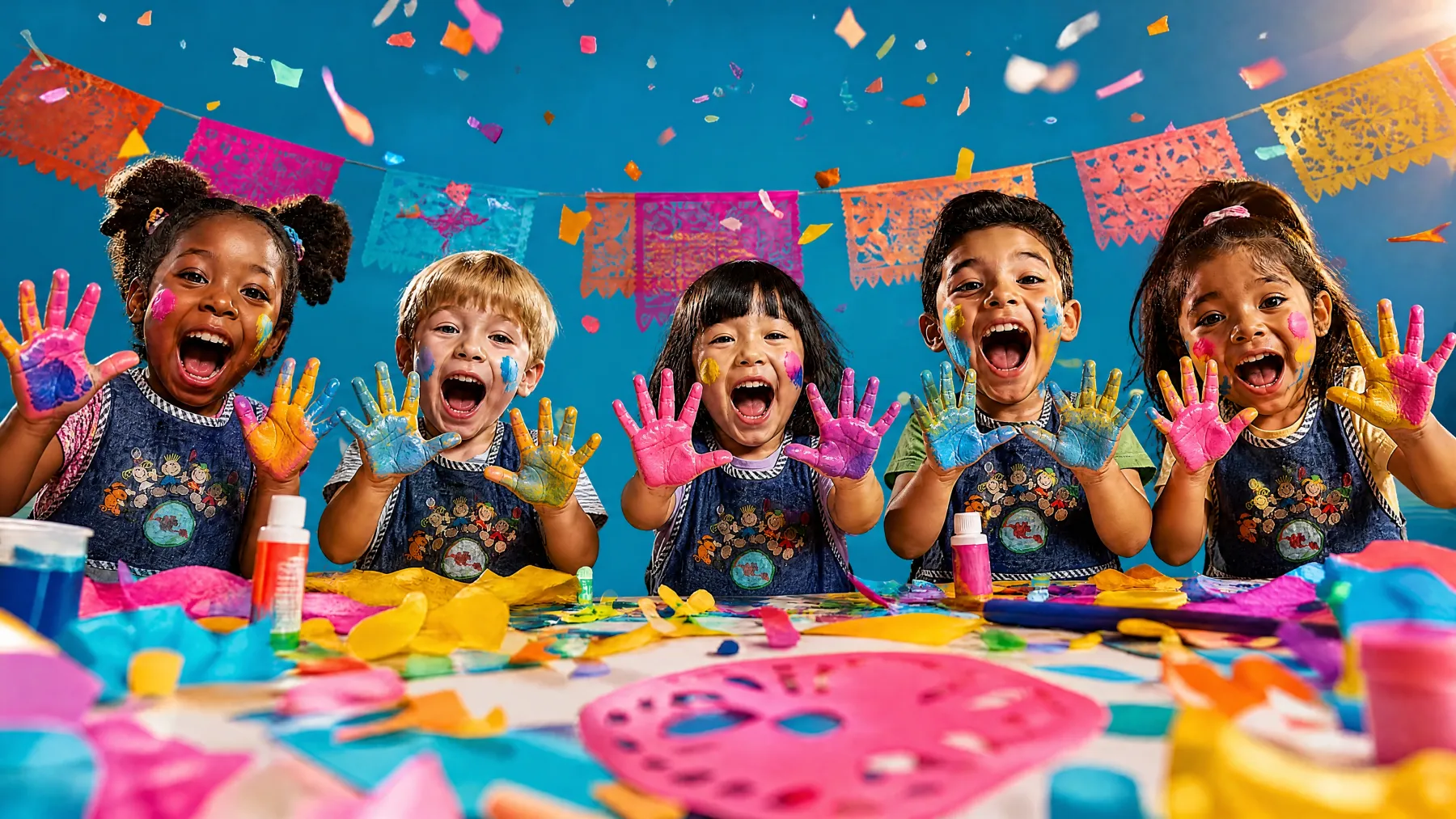 Children with paint-covered hands cheering under papel picado banners