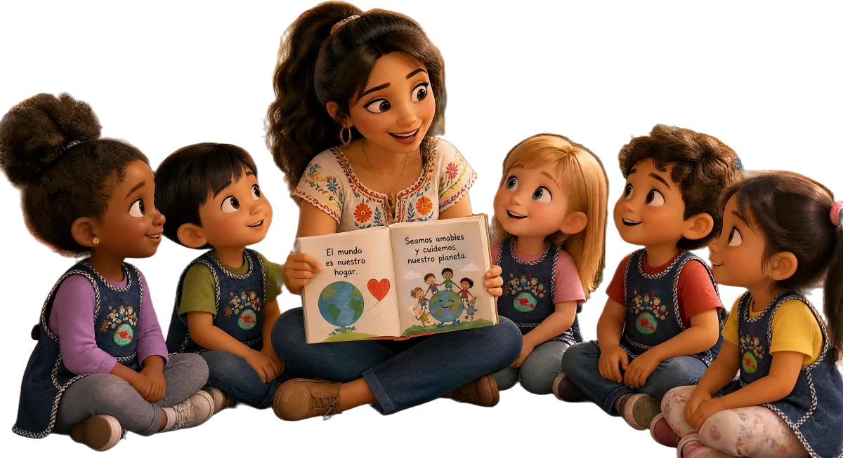 A teacher reading a Spanish picture book to six preschoolers sitting around her