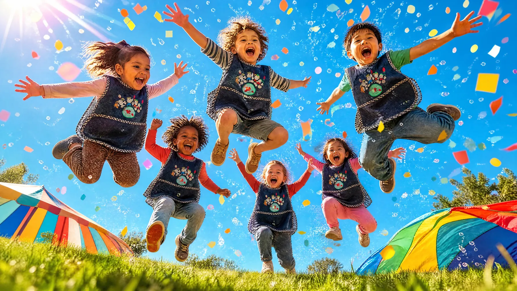 Campers leaping in the air together under a bright blue sky, confetti falling around them