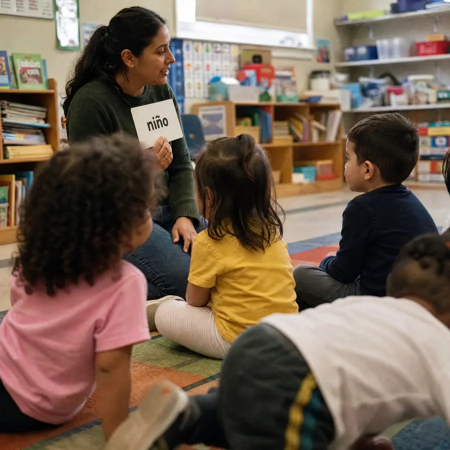 Preschool teacher showing a Spanish flashcard to children
