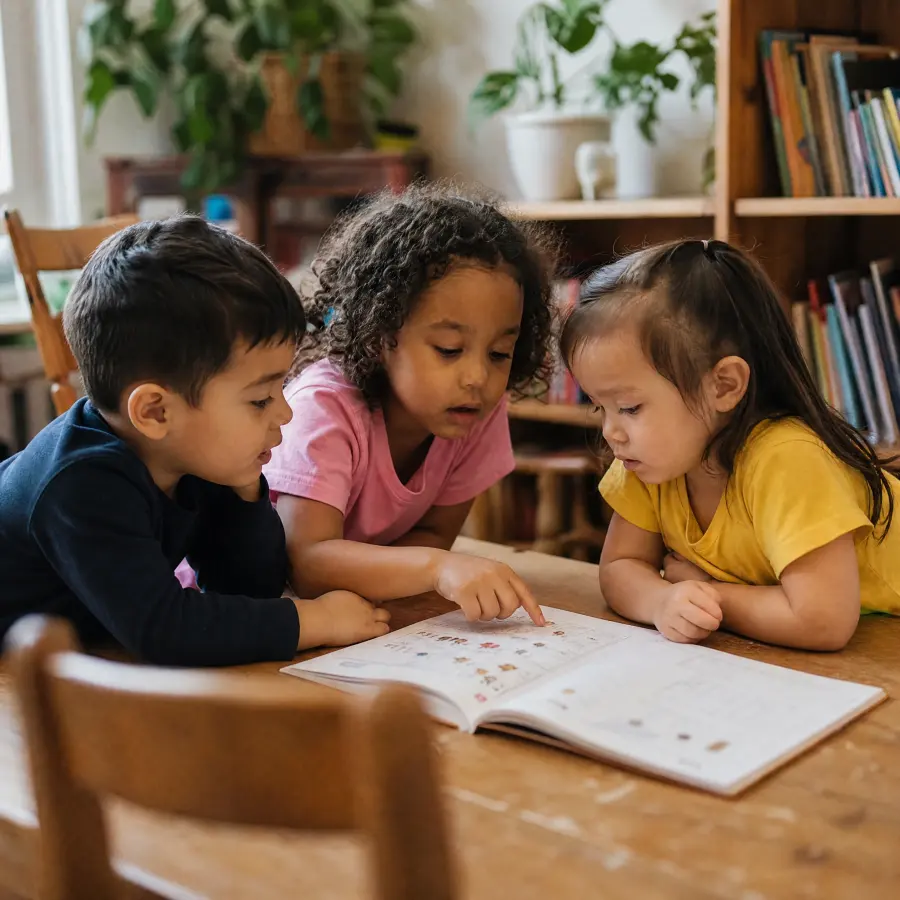 Small group reading Spanish books with their teacher
